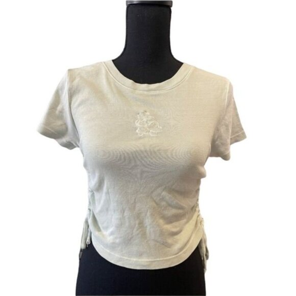 Embroidered mushroom ruched crop top Forever 21 sage green cotton - Picture 2 of 5